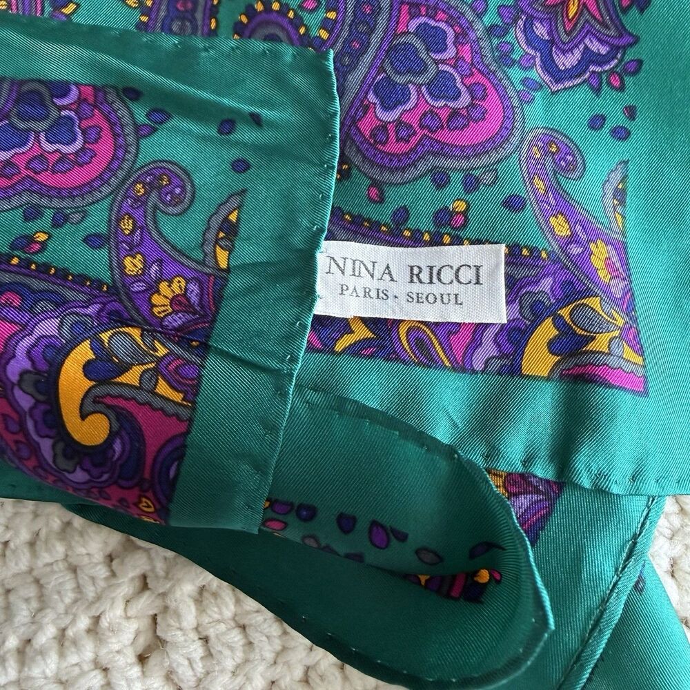 Nina Ricci Paisley Silk Scarf 35” Square Deep Jewel Tones 100% Silk Paris Seoul - Picture 6 of 8